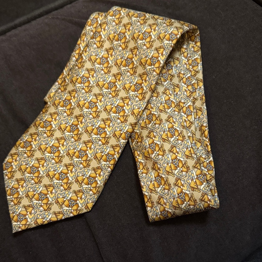 Hermes Abstract Pattern Tie in Gold and Brown